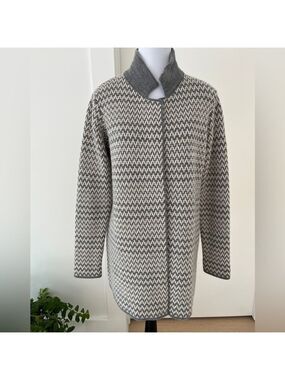 COCOGIO Zig Zag Pattern Grey Cream Neutral Open Front Cardigan Coat Made Italy